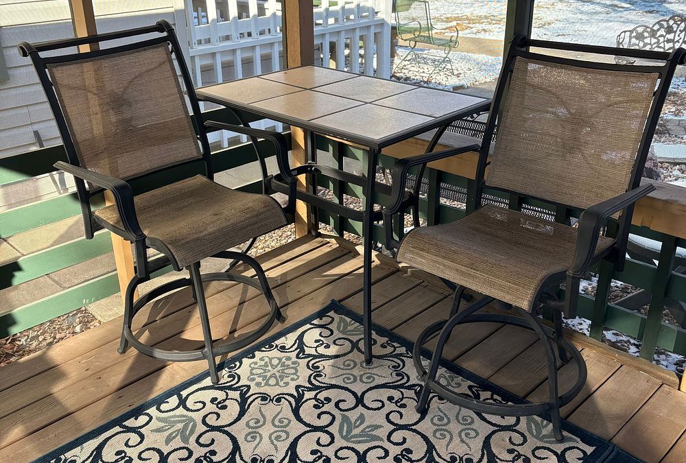 Lot 440: Modern Patio Swivel Bench Chairs With Tile Top Patio Table Measuring 27"X38"X33"