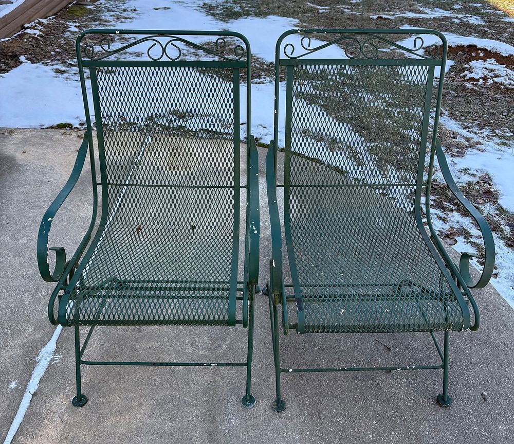 Lot 448: Pair Of Wrought Iron Patio Chairs 38"