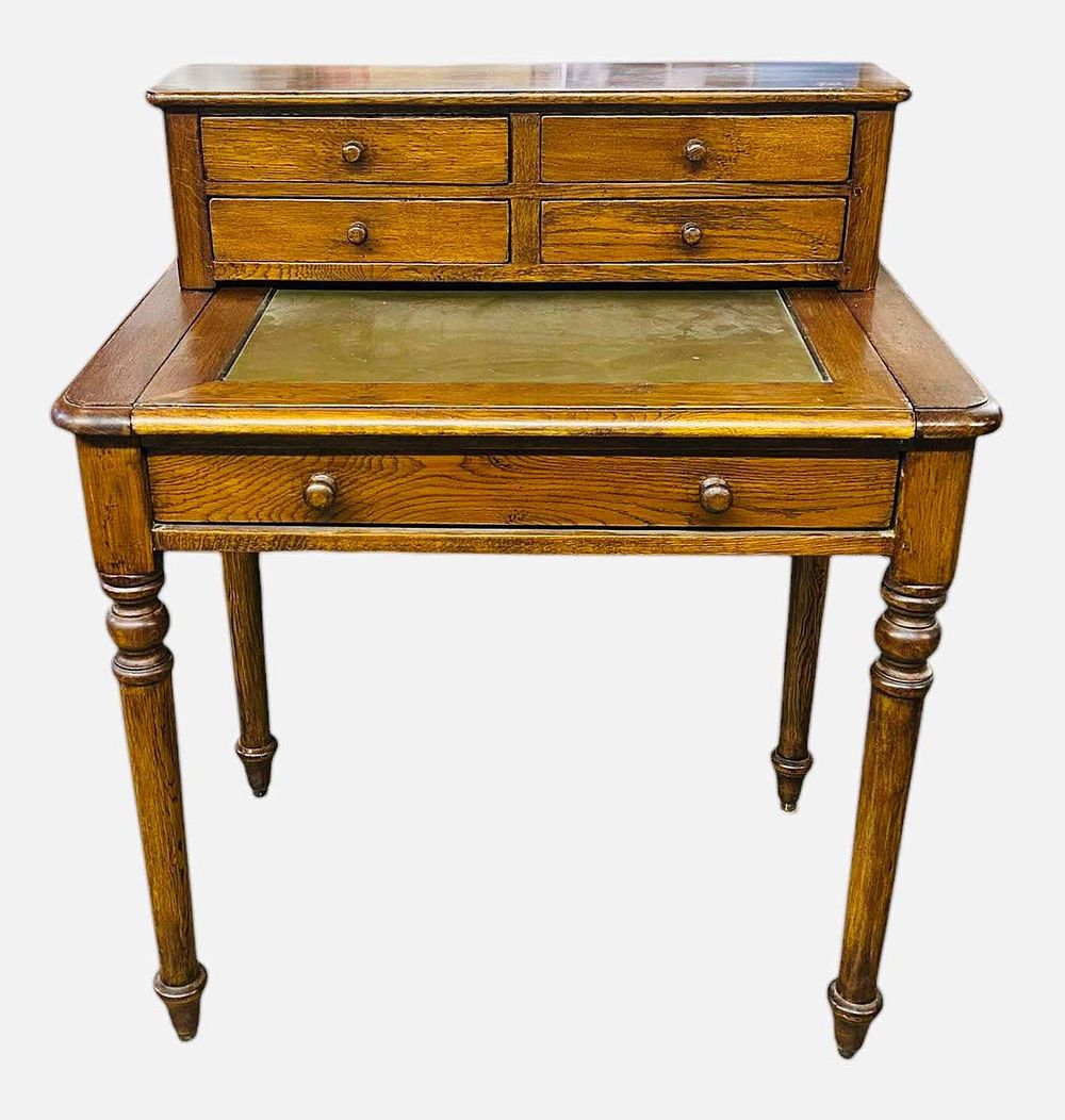 Lot 158: Early Walnut Sheraton Style Writing Desk On Tall Turned Legs And Leather Top 20"X32"X37"