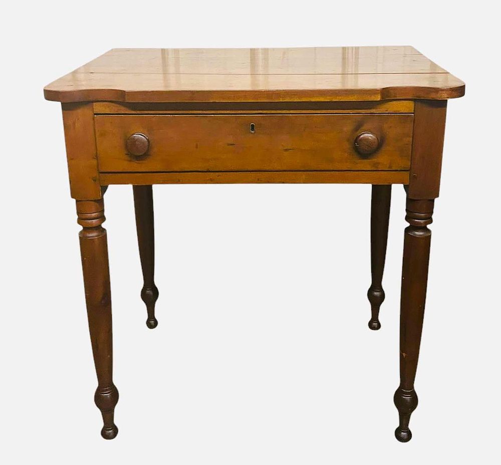 Lot 160: Early Cherry Federal Style One Drawer Work Table With Biscuit Corners On Tall Turned Legs