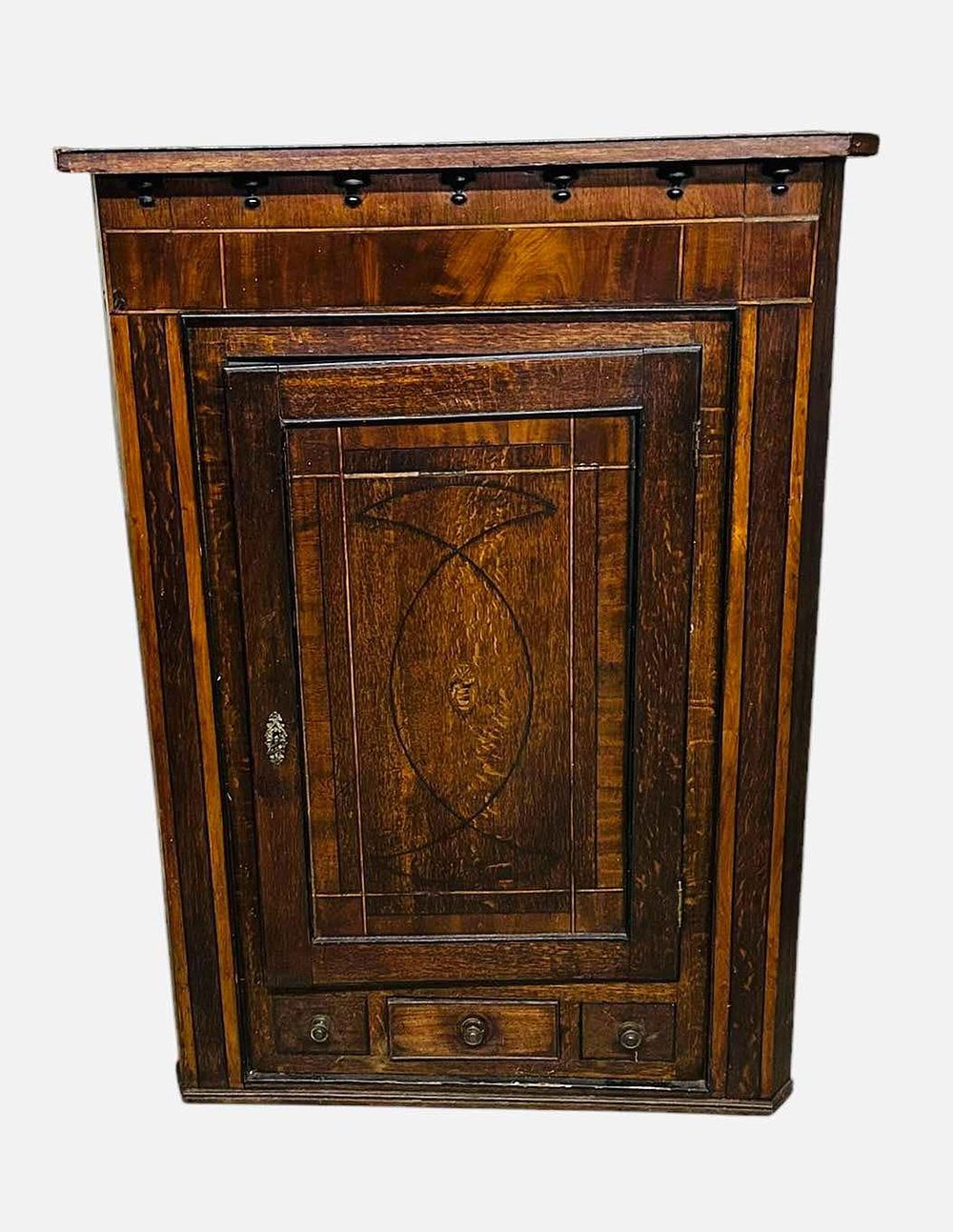 Lot 161: Early Inlaid Hanging Corner Cupboard With Blind Door Over 3 Drawers 18"X36"X50"
