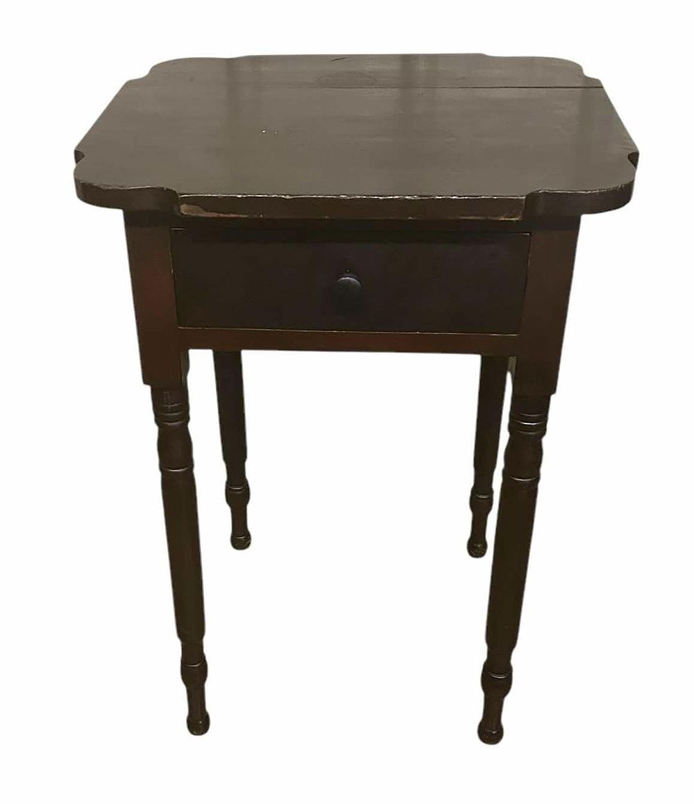 Lot 164: Early Cherry One Drawer Work Table With Unusual Cut Out Biscuit Corners On Tall Turned Legs