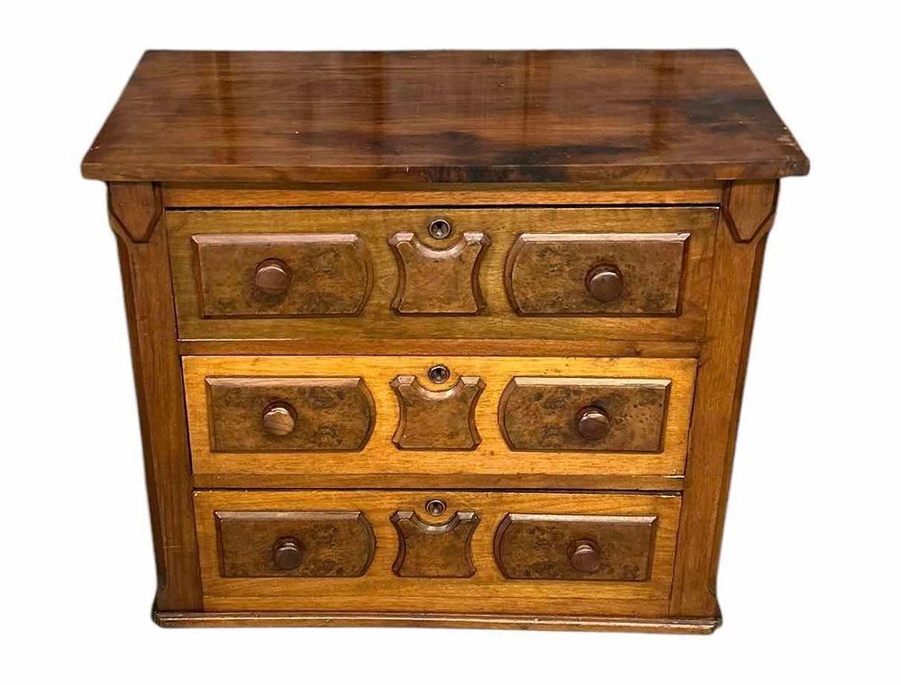Lot 173: Walnut Three Drawer Chest With Burreled Accents On Drawers 16"X31"X26"
