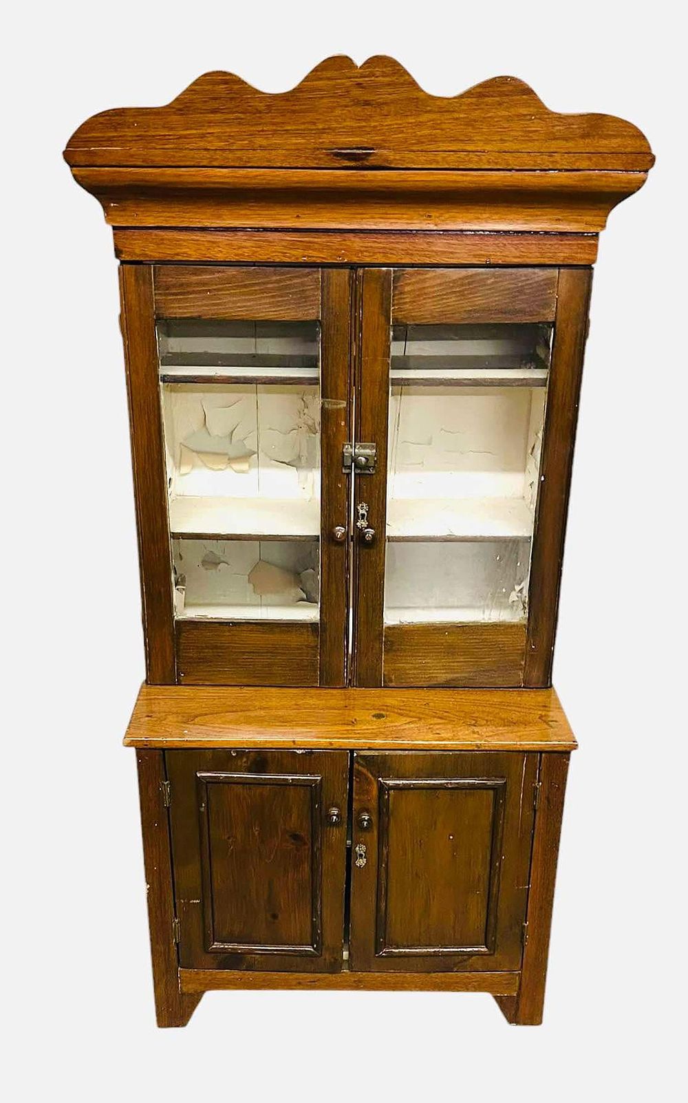 Lot 175: Early Rare Walnut Child's Size Stepback Cupboard With Glass Doors On Top And Blind Doors In Base