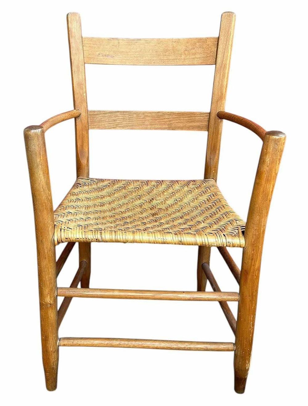 Lot 184: Early Bentwood Ladder Back Arm Chair With Woven Seat 18"X21"X34"