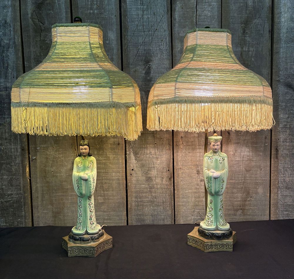 Lot 25: Pair Of Asian Figural Decorated Table Lamps With Shades; One Lamp With Repair. 11"X16"X29"