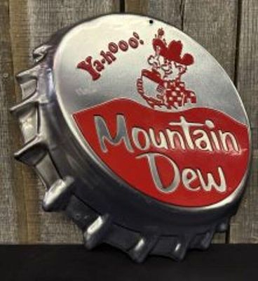 Metal Embossed Ya-hooo! Mountain Dew Advertising Bottle Cap Wall Sign 18"