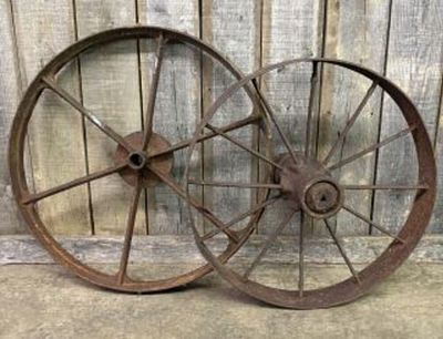 Pair Of Early Iron Wagon Wheels; Largest 30"