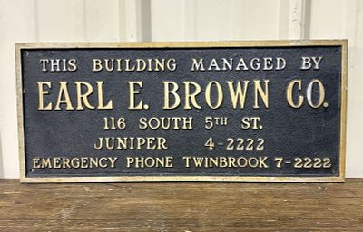 Heavy Metal - Brass Earl E Brown Co. Building Plaque 18"X8"