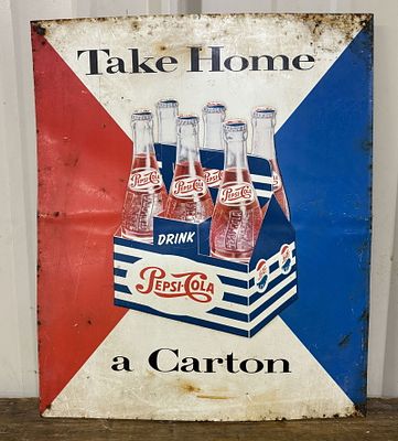 Drink Pepsi-Cola "Take Home A Carton" Early Embossed Metal Advertising Sign 12"X14"