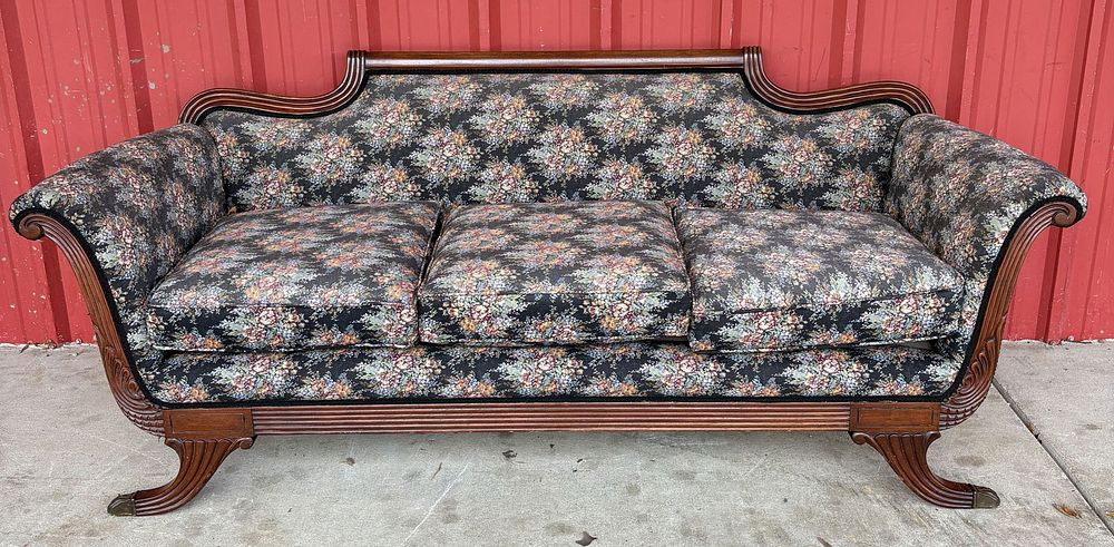 Lot 174: Duncan Phyfe Style Sofa With Brass Feet 30"X77"X33"