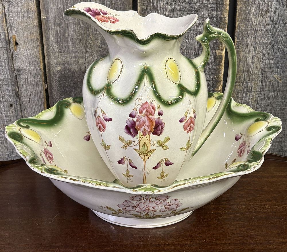 Lot 180: Antique Floral Decorated Water Pitcher - Bowl 17"X19"X18"