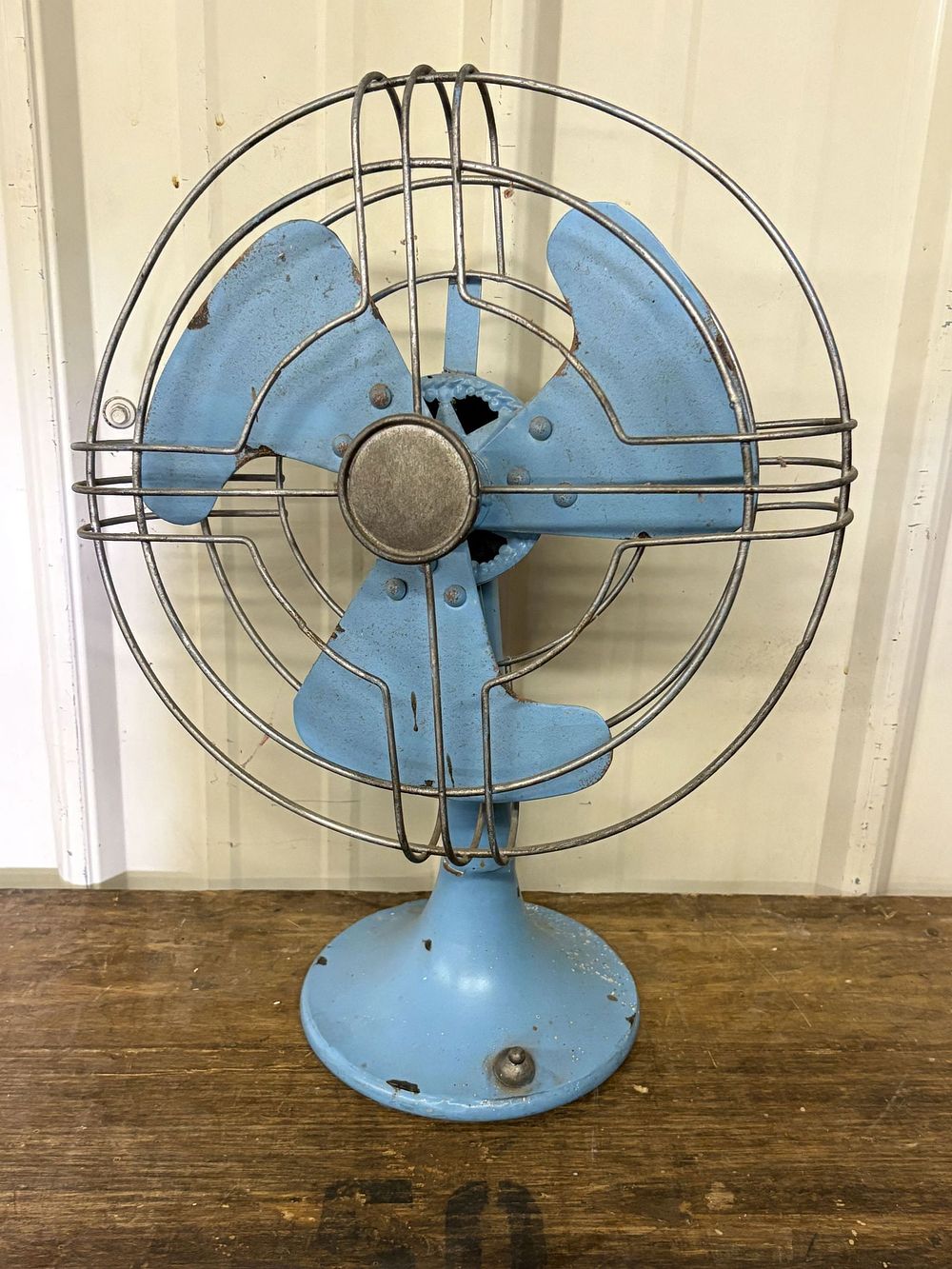 Lot 225: Vintage Light Blue Industrial Desk Fan - Prop Only 6"X12"X19"