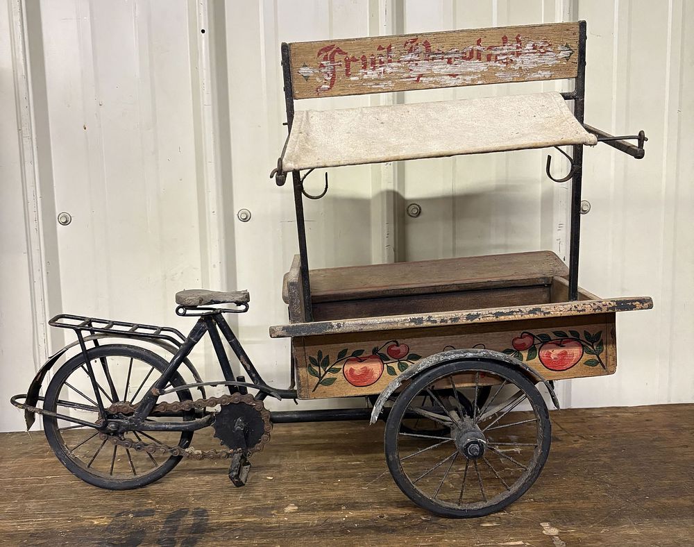 Lot 229: Vintage Scale Model Bicycle Fruit Cart 9"X22"X19"