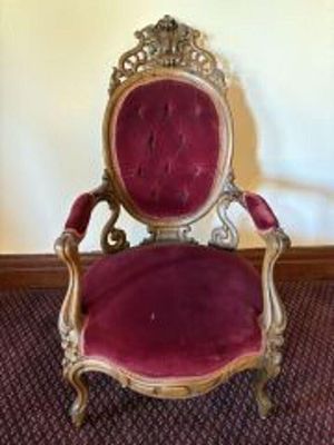 Antique Victorian Parlor Chair With Carved Rosewood Frame and Red Velvet Upholstery, possibly 