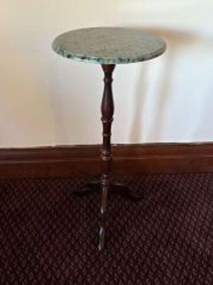 Vintage Bombay Style Mahogany Plant Stand with Green Marble Top - 14"x29"