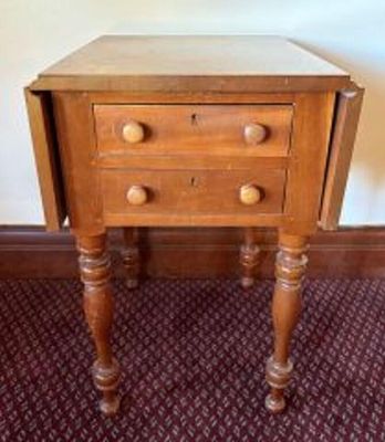 Antique Cherry Drop-Leaf Work Table with Two Drawers on Turned Legs, some damage to top surface 