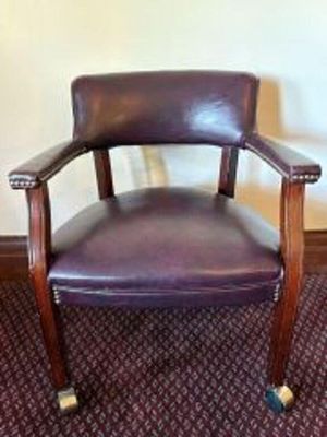Vintage Low Back Office Chair featuring Brass or Gold Colored Nailhead Trimming on Wheels - 