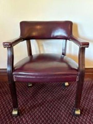 Vintage Low Back Office Chair featuring Brass or Gold Colored Nailhead Trimming on Wheels - 