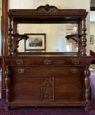 Antique Victorian Renaissance Revival Mirrored Oak Sideboard with 4 Drawers featuring intricate 