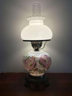 Vintage Hand Painted Gone with the Wind Style Hurricane Lamp with Floral Design - 7"x19.5"