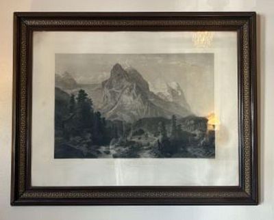 Framed Mountain Settlement Print titled "WELL & WETTERHORN - Borner Oberland" In Wooden and 