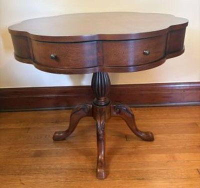 Antique Mahogany Multiple Drawer Drum Table w/ a Turned Pedestal Base and Saber Legs - 32"x28.5"