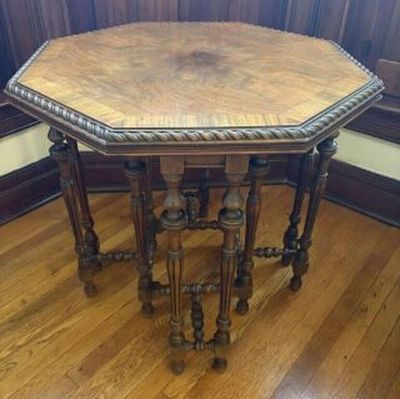 Antique 1920’s Jacobean Style Octagon Walnut Banded Inlay Tea Table - 32"x31"