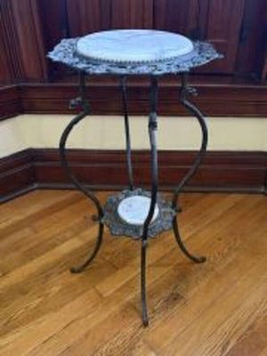 Antique Victorian Cast Iron and White Marble Two Tiered Plant Stand w/ Dragon details - 15"x30"