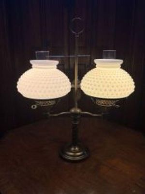 Antique Student Lamp Double Globe Brass Lamp with White Hobnail Milk Glass Shades - 17"x23"