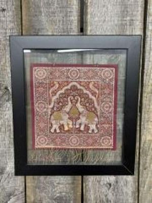 Framed Rajasthani Handmade Miniature Painting on Silk Depicting Two Elephants - 17.5"X15"