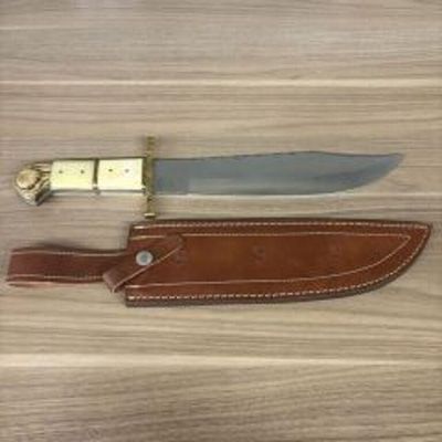 Custom Bowie Knife With Handle Made From Bone/Wood With Brass Guard - Pommel With Leather 