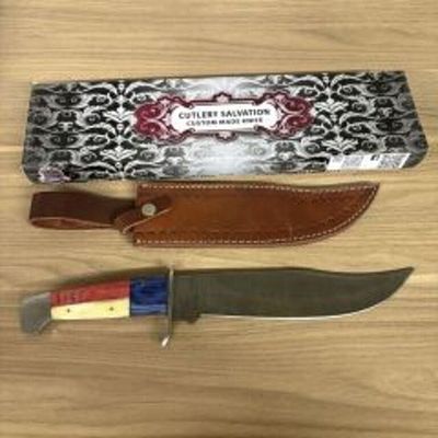 Custom Damascus Hunting Or Bowie Knife - Red, White And Blue Handle With Leather Sheath, Box. 15.5"