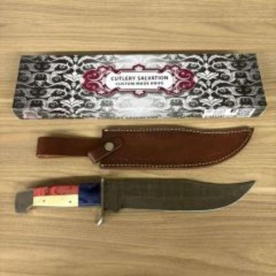 Custom Damascus Steel Hunting Or Bowie Knife - Red, White And Blue Handle With Leather Sheath 