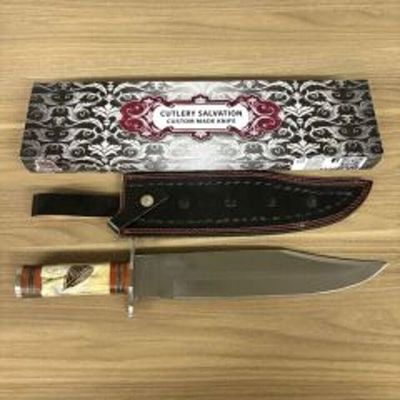 Custom Made Large Bowie Or Hunting Knife With Black Leather Sheath, Box. 16"