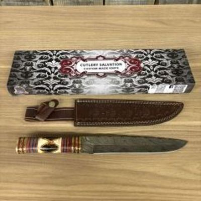 Custom Made Damascus Knife With Decorated Handle, Leather Sheath, Box 14"