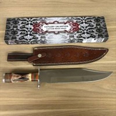 Custom Made Bowie Or Hunting Knife With Decorated Handle, Leather Sheath, Box 16"