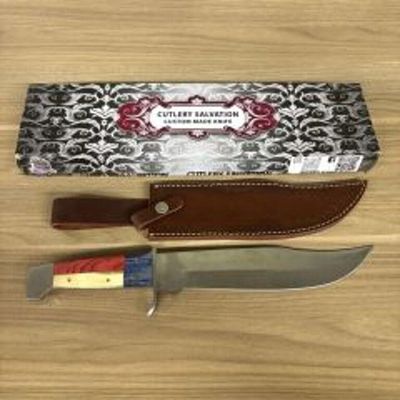 Custom Hunting Or Bowie Knife - Red, White And Blue Handle With Leather Sheath, Box. 15.5"