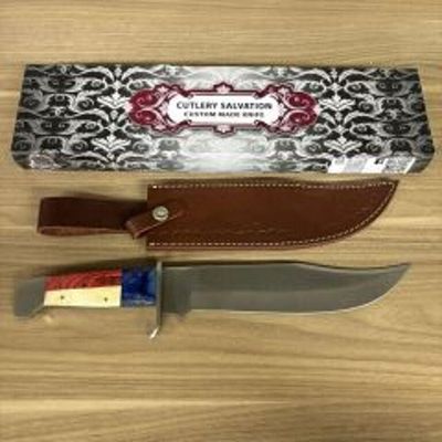 Custom Hunting Or Bowie Knife - Red, White And Blue Handle With Leather Sheath, Box. 15.5"