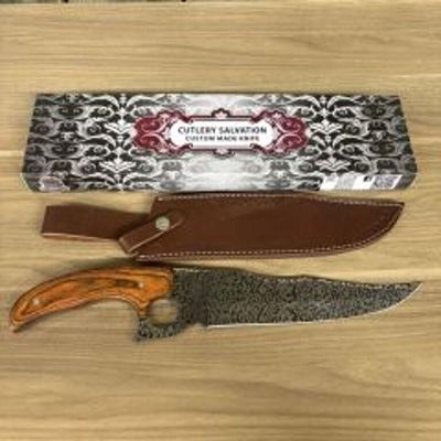 Custom Made Damascus Fixed Blade Knife With Leather Sheath, Box. 16.5"