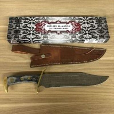 Custom Damascus Hunting Knife With Decorated Handle, Brass Pommel/Guard With Leather Sheath 