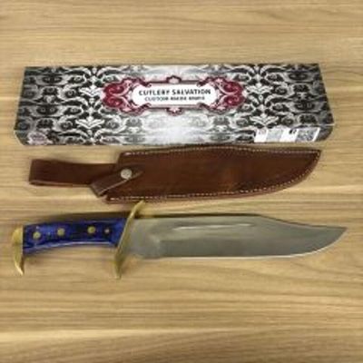 Custom Steel Hunting Knife With Decorated Handle, Brass Pommel/Guard With Leather Sheath, Box. 16"