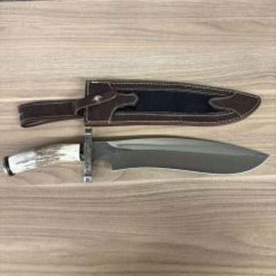 Custom Fixed Blade Bowie Knife With Stag Handle And Leather Sheath 18"