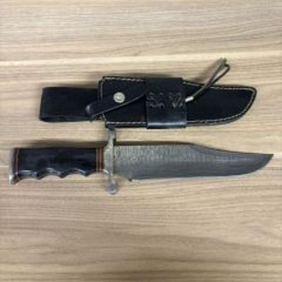 Custom Steel Hunting Knife With Decorated Handle And Black Leather Sheath 14"