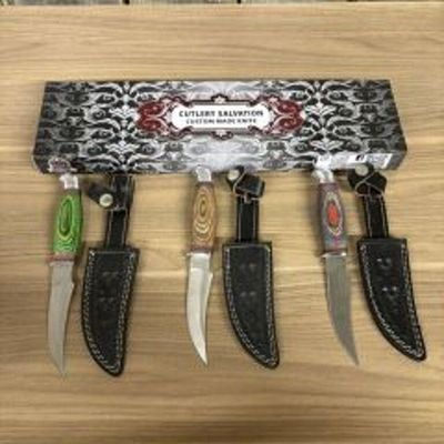 Lot Of 3 Custom Fixed Blade Knives With Decorated Handles, Leather Sheaths, Box 9"