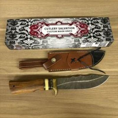 Custom Damascus Fixed Blade Knife With Decorated Handle, Leather Sheath And Box 12.5"