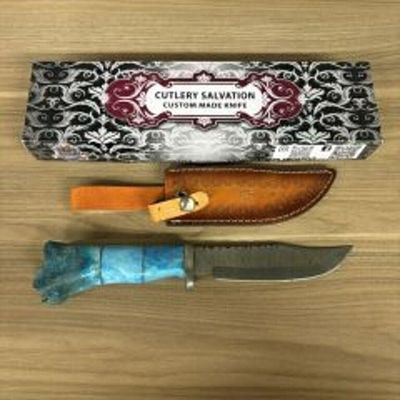 Custom Damascus Fixed Blade Knife With Decorated Bone Handle, Leather Sheath And Box 12"