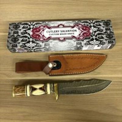 Custom Damascus Fixed Blade Knife With Decorated Handle, Leather Sheath And Box 12"