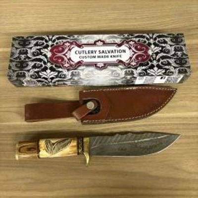 Custom Damascus Fixed Blade Knife With Decorated Handle, Leather Sheath And Box 12"