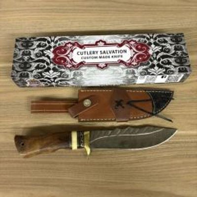 Custom Damascus Fixed Blade Knife With Decorated Handle, Leather Sheath And Box 12"